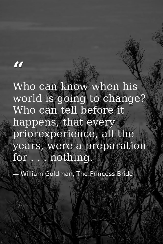 Who can know when his world is going to change? Who can tell before it happens, that every priorexperience, all the year — William Goldman, The Princess Bride