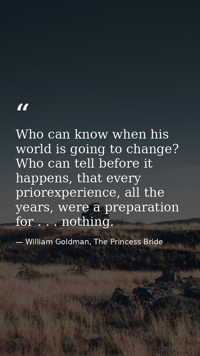 Who can know when his world is going to change? Who can tell before it happens, that every priorexperience, all the year — William Goldman, The Princess Bride