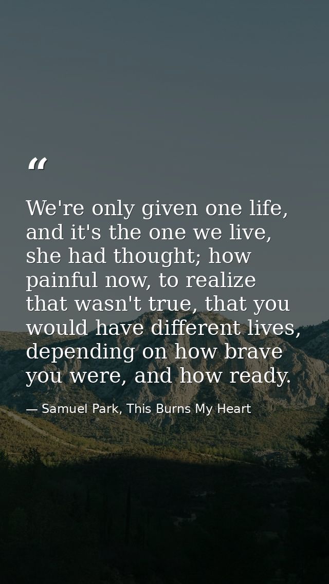 We're only given one life, and it's the one we live, she had thought; how painful now, to realize that wasn't true, that — Samuel Park, This Burns My Heart