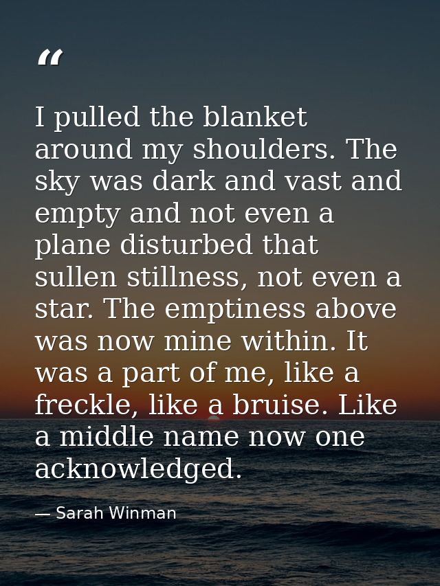 I pulled the blanket around my shoulders. The sky was dark and vast and empty and not even a plane disturbed that sullen — Sarah Winman
