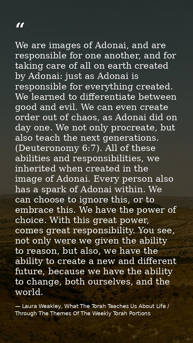 We are images of Adonai, and are responsible for one another, and for taking care of all on earth created by Adonai: jus — Laura Weakley, What The Torah Teaches Us About Life / Through The Themes Of The Weekly Torah Portions