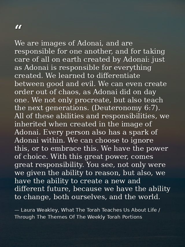 We are images of Adonai, and are responsible for one another, and for taking care of all on earth created by Adonai: jus — Laura Weakley, What The Torah Teaches Us About Life / Through The Themes Of The Weekly Torah Portions