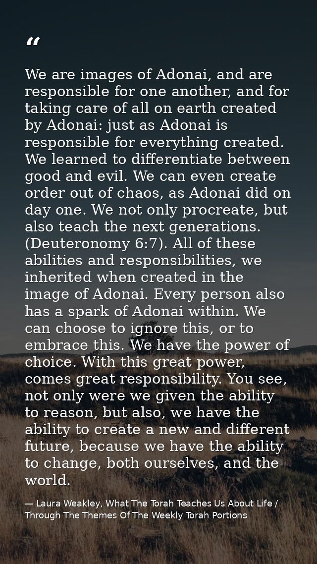 We are images of Adonai, and are responsible for one another, and for taking care of all on earth created by Adonai: jus — Laura Weakley, What The Torah Teaches Us About Life / Through The Themes Of The Weekly Torah Portions