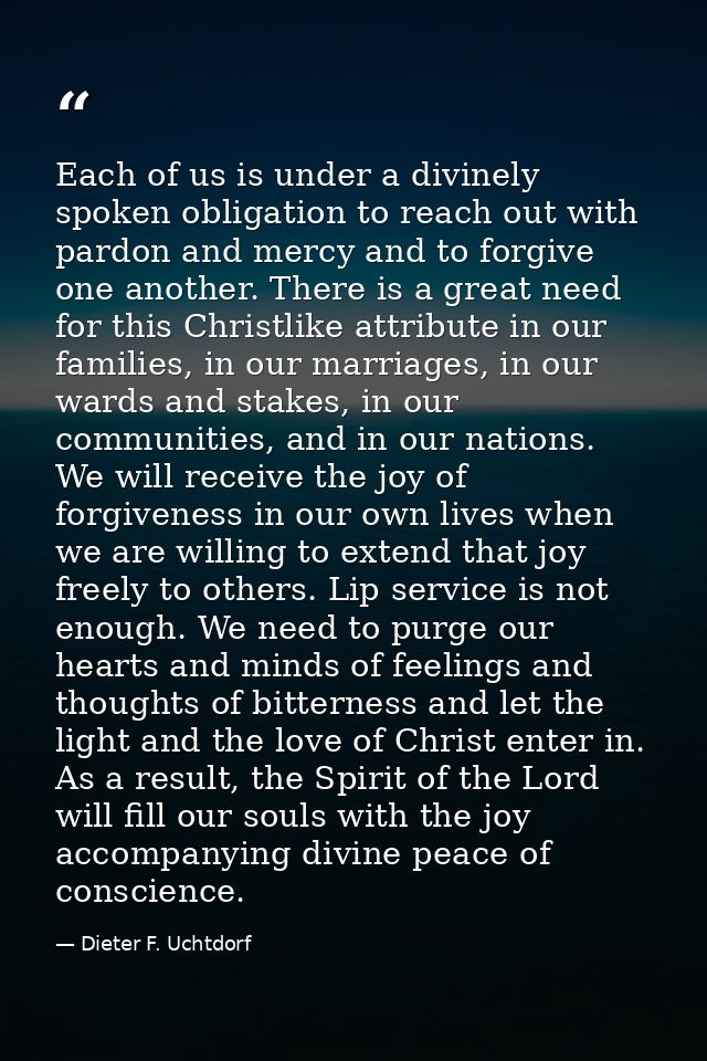 Each of us is under a divinely spoken obligation to reach out with pardon and mercy and to forgive one another. There is — Dieter F. Uchtdorf