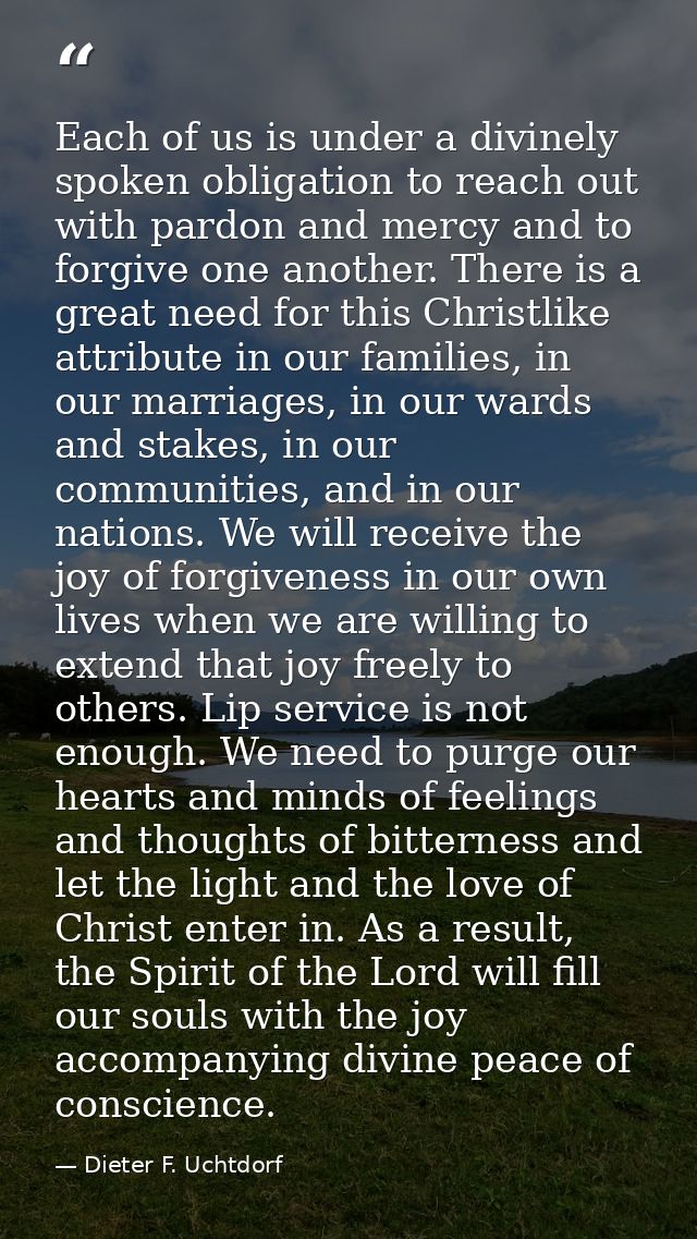 Each of us is under a divinely spoken obligation to reach out with pardon and mercy and to forgive one another. There is — Dieter F. Uchtdorf