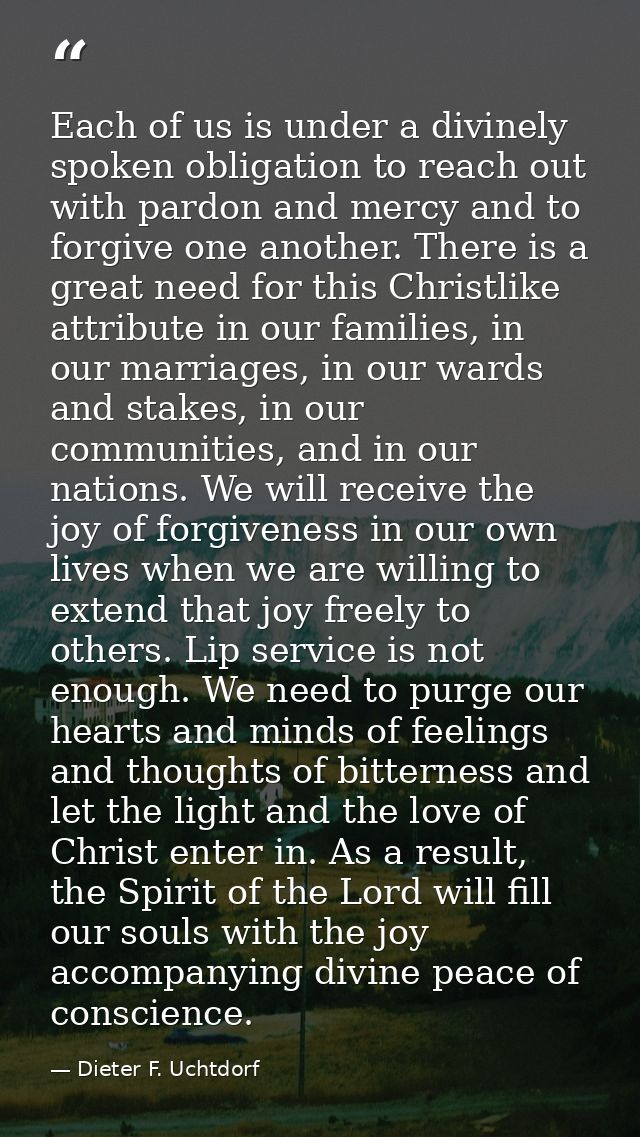 Each of us is under a divinely spoken obligation to reach out with pardon and mercy and to forgive one another. There is — Dieter F. Uchtdorf