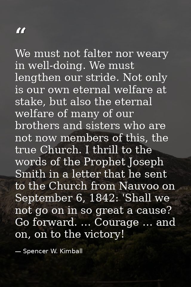 We must not falter nor weary in well-doing. We must lengthen our stride. Not only is our own eternal welfare at stake, b — Spencer W. Kimball
