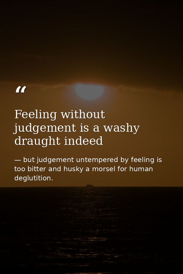 Feeling without judgement is a washy draught indeed — but judgement untempered by feeling is too bitter and husky a morsel for human deglutition.