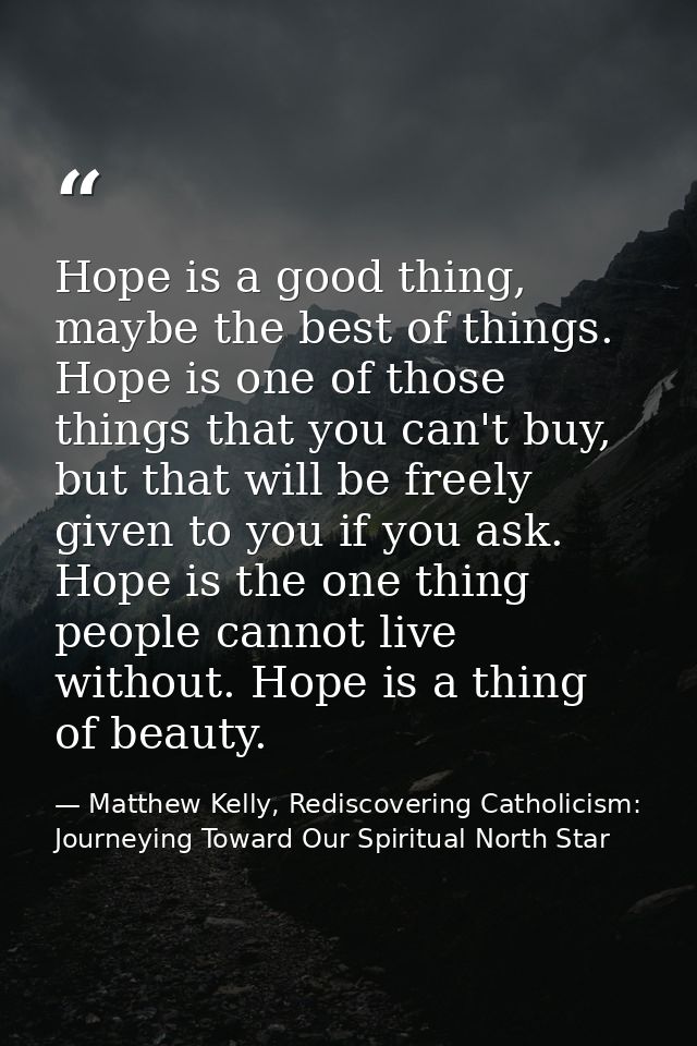 Hope is a good thing, maybe the best of things. Hope is one of those things that you can't buy, but that will be freely  — Matthew Kelly, Rediscovering Catholicism: Journeying Toward Our Spiritual North Star