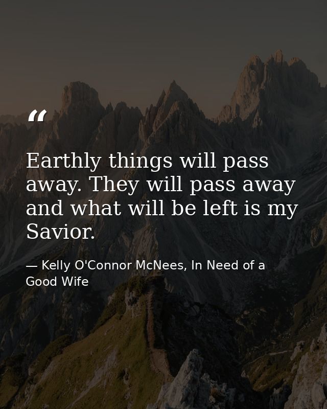 Earthly things will pass away. They will pass away and what will be left is my Savior. — Kelly O'Connor McNees, In Need of a Good Wife