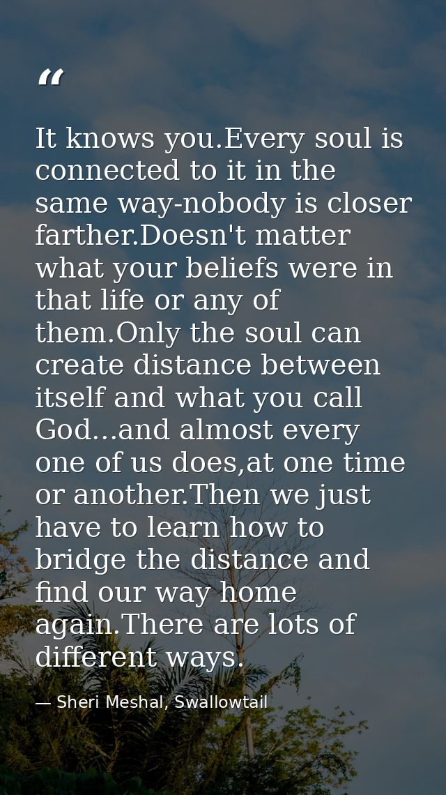 It knows you.Every soul is connected to it in the same way-nobody is closer farther.Doesn't matter what your beliefs wer — Sheri Meshal, Swallowtail