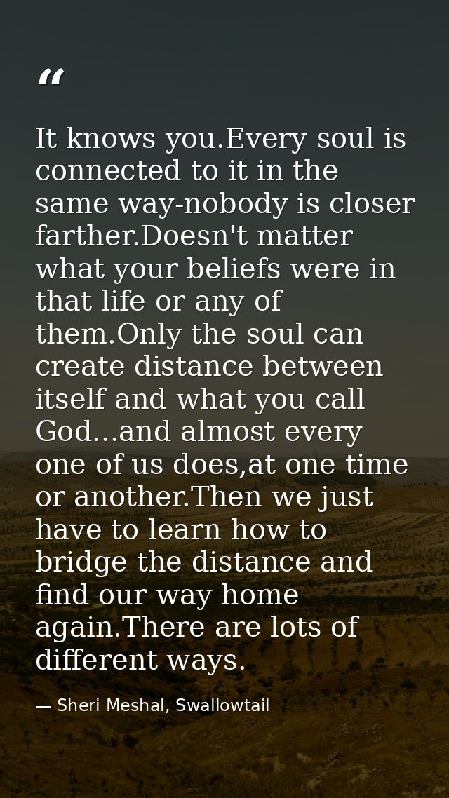 It knows you.Every soul is connected to it in the same way-nobody is closer farther.Doesn't matter what your beliefs wer — Sheri Meshal, Swallowtail