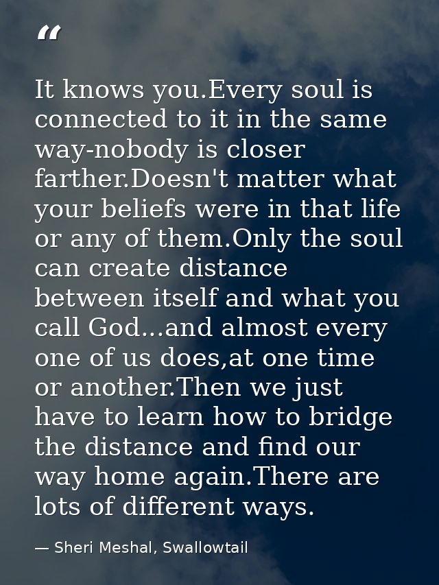 It knows you.Every soul is connected to it in the same way-nobody is closer farther.Doesn't matter what your beliefs wer — Sheri Meshal, Swallowtail
