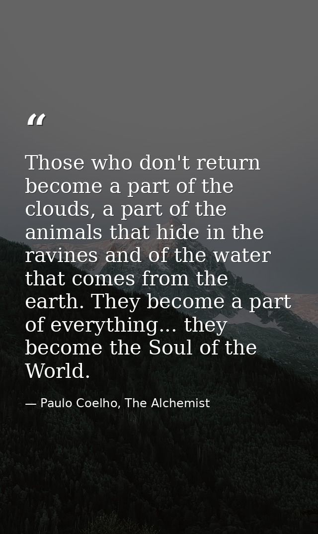 Those who don't return become a part of the clouds, a part of the animals that hide in the ravines and of the water that — Paulo Coelho, The Alchemist