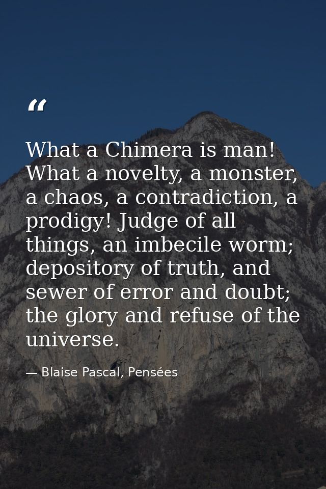 What a Chimera is man! What a novelty, a monster, a chaos, a contradiction, a prodigy! Judge of all things, an imbecile  — Blaise Pascal, Pensées