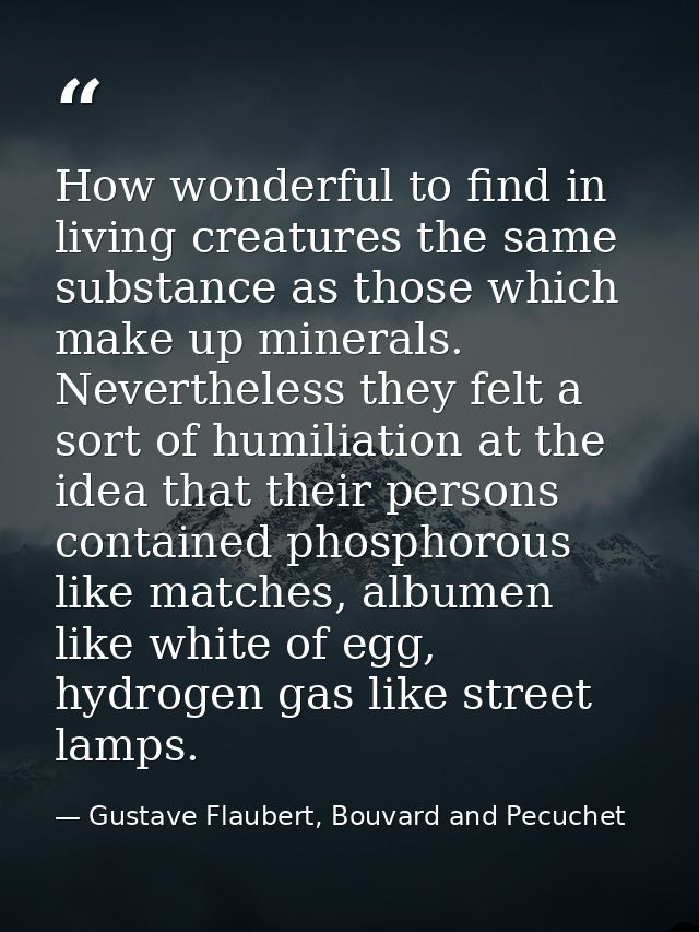 How wonderful to find in living creatures the same substance as those which make up minerals. Nevertheless they felt a s — Gustave Flaubert, Bouvard and Pecuchet