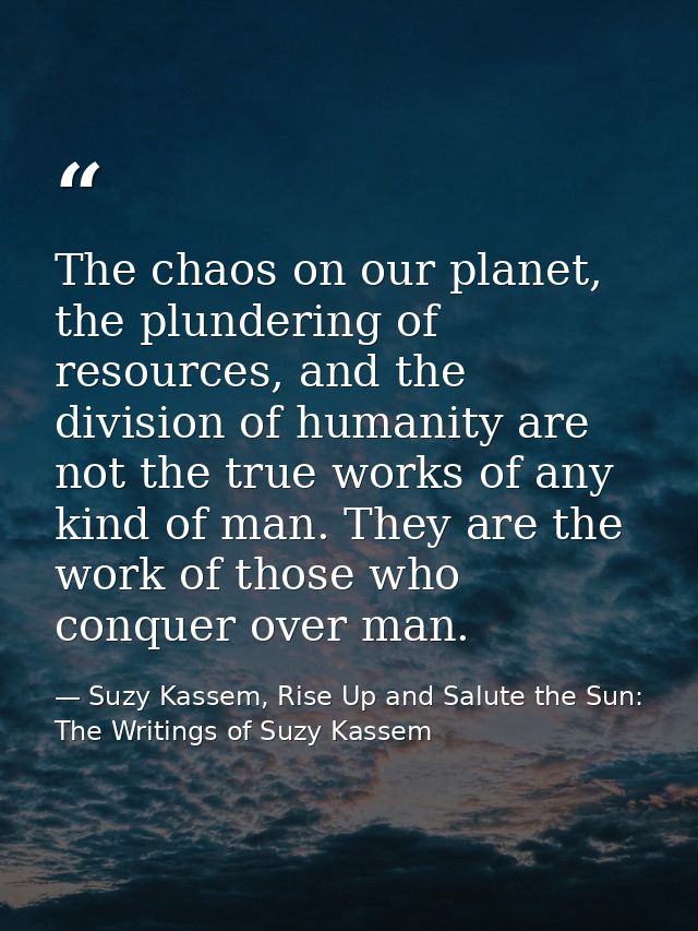 The chaos on our planet, the plundering of resources, and the division of humanity are not the true works of any kind of — Suzy Kassem, Rise Up and Salute the Sun: The Writings of Suzy Kassem