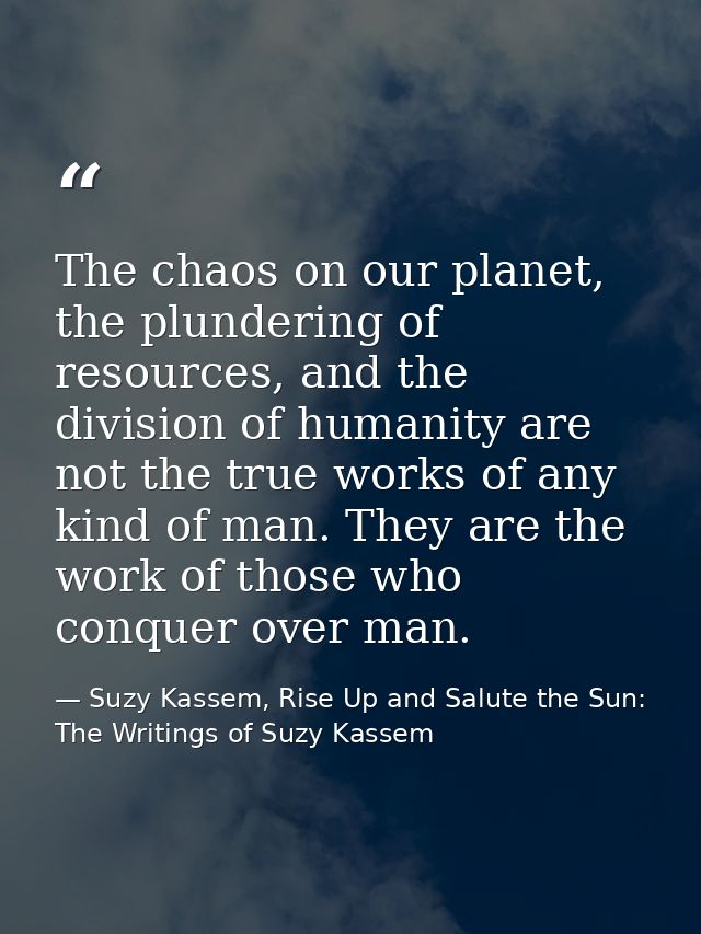 The chaos on our planet, the plundering of resources, and the division of humanity are not the true works of any kind of — Suzy Kassem, Rise Up and Salute the Sun: The Writings of Suzy Kassem