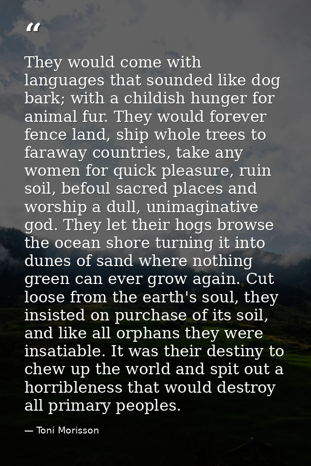 They would come with languages that sounded like dog bark; with a childish hunger for animal fur. They would forever fen — Toni Morisson