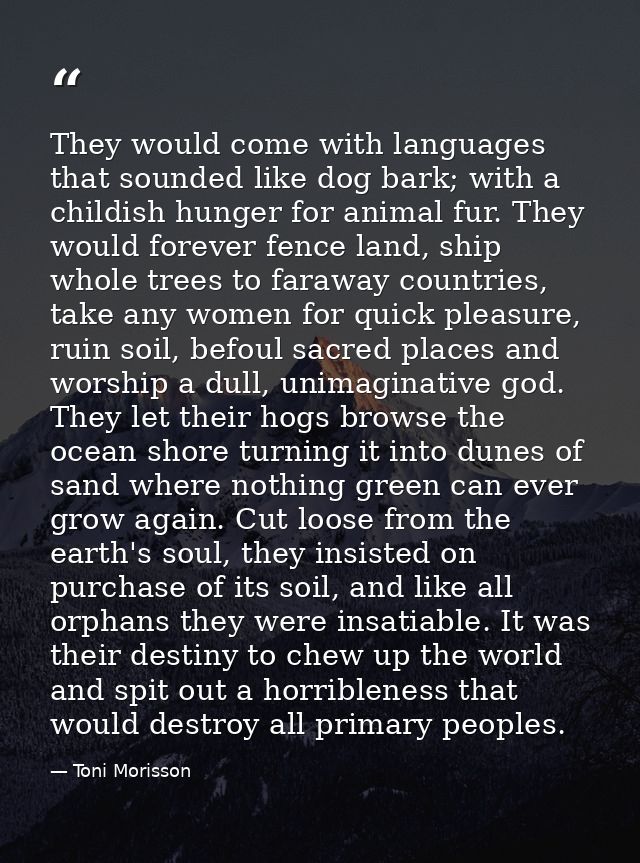 They would come with languages that sounded like dog bark; with a childish hunger for animal fur. They would forever fen — Toni Morisson