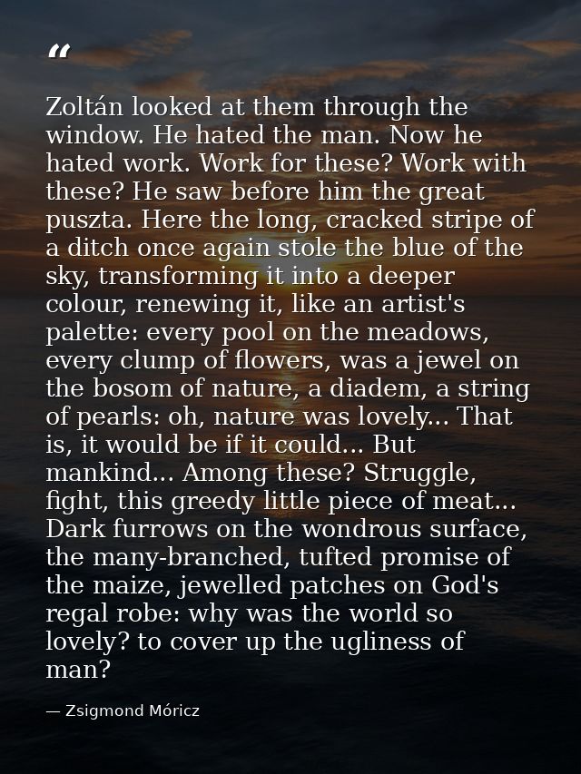 Zoltán looked at them through the window. He hated the man. Now he hated work. Work for these? Work with these? He saw b — Zsigmond Móricz