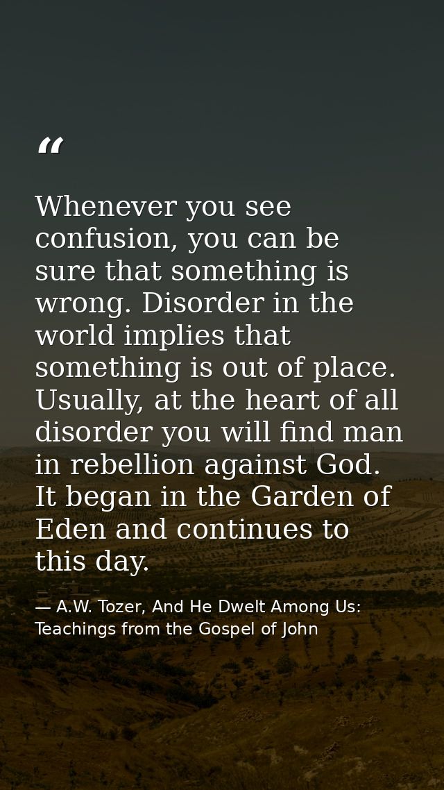 Whenever you see confusion, you can be sure that something is wrong. Disorder in the world implies that something is out — A.W. Tozer, And He Dwelt Among Us: Teachings from the Gospel of John