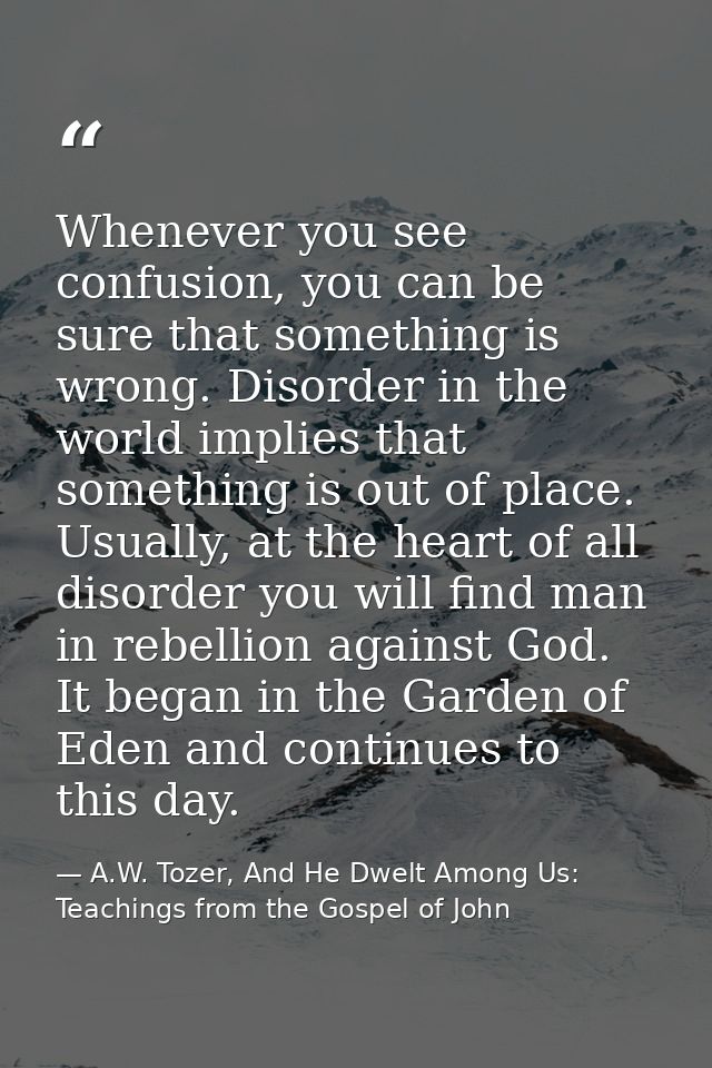 Whenever you see confusion, you can be sure that something is wrong. Disorder in the world implies that something is out — A.W. Tozer, And He Dwelt Among Us: Teachings from the Gospel of John