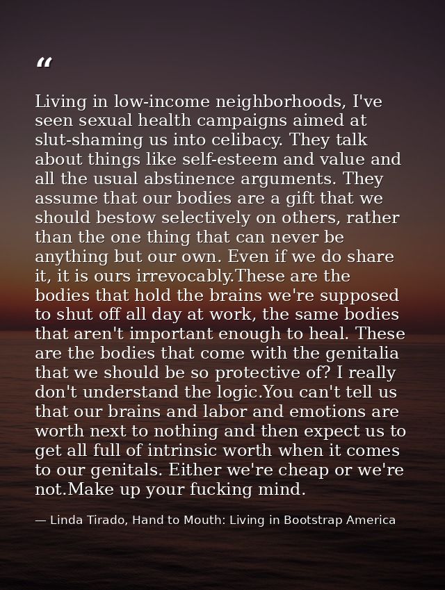 Living in low-income neighborhoods, I've seen sexual health campaigns aimed at slut-shaming us into celibacy. They talk  — Linda Tirado, Hand to Mouth: Living in Bootstrap America