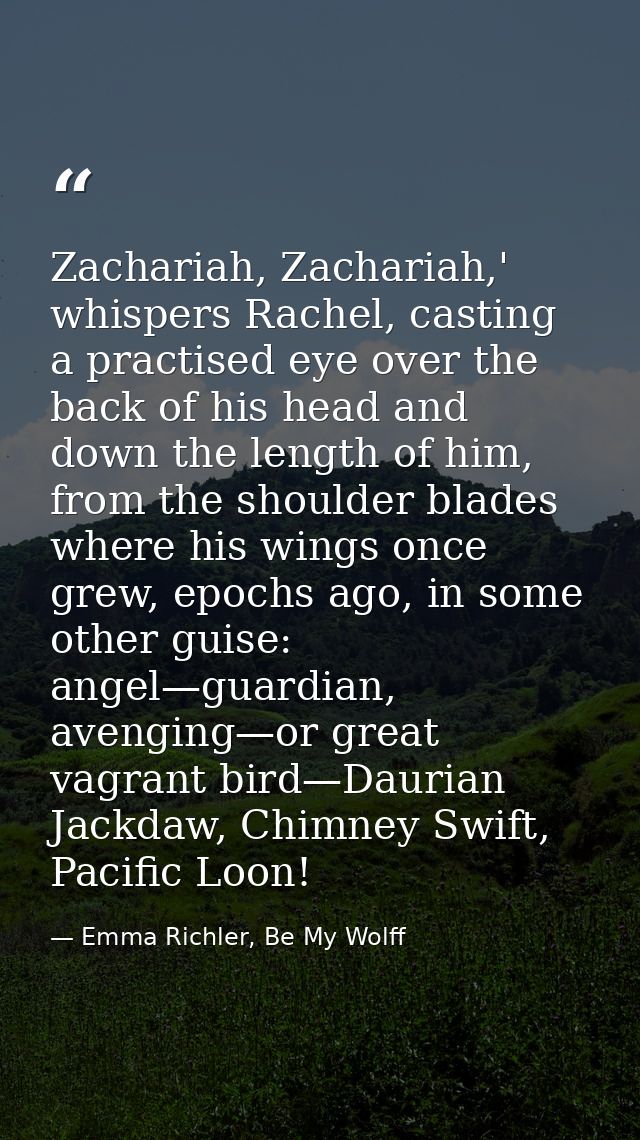 Zachariah, Zachariah,' whispers Rachel, casting a practised eye over the back of his head and down the length of him, fr — Emma Richler, Be My Wolff
