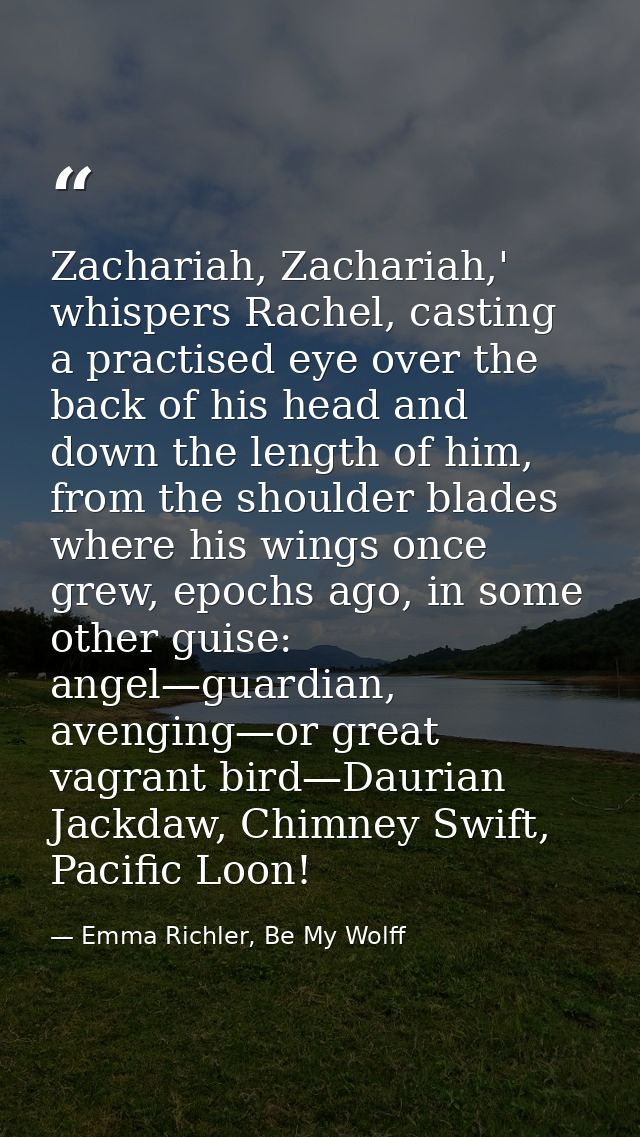 Zachariah, Zachariah,' whispers Rachel, casting a practised eye over the back of his head and down the length of him, fr — Emma Richler, Be My Wolff