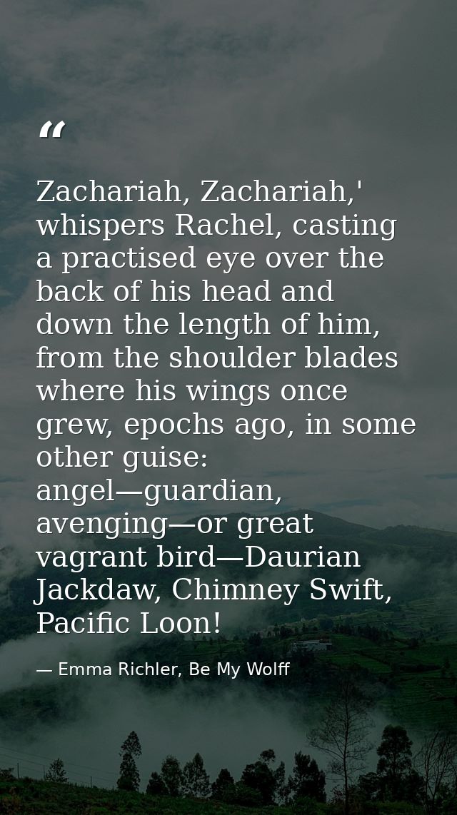 Zachariah, Zachariah,' whispers Rachel, casting a practised eye over the back of his head and down the length of him, fr — Emma Richler, Be My Wolff