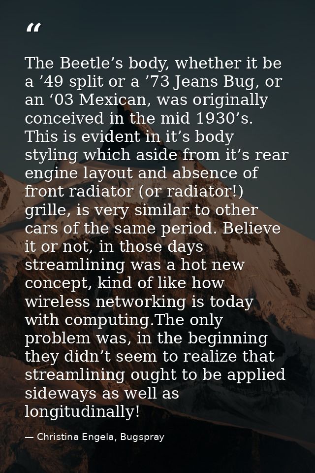 The Beetle’s body, whether it be a ’49 split or a ’73 Jeans Bug, or an ‘03 Mexican, was originally conceived in the mid  — Christina Engela, Bugspray