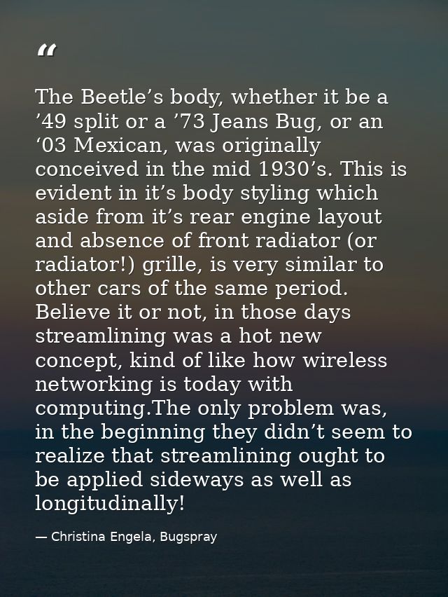 The Beetle’s body, whether it be a ’49 split or a ’73 Jeans Bug, or an ‘03 Mexican, was originally conceived in the mid  — Christina Engela, Bugspray