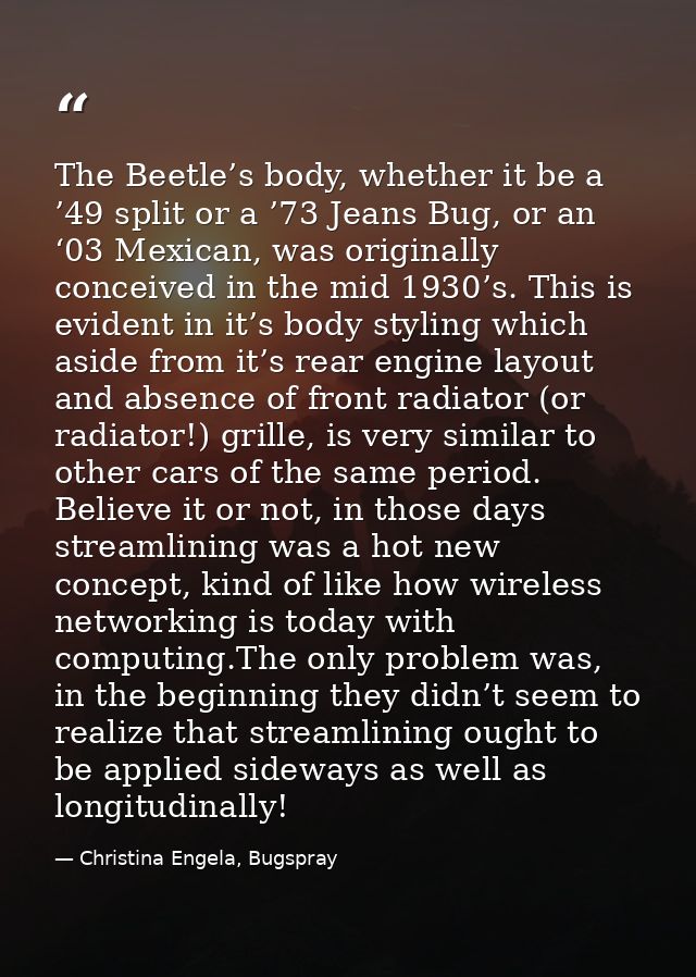 The Beetle’s body, whether it be a ’49 split or a ’73 Jeans Bug, or an ‘03 Mexican, was originally conceived in the mid  — Christina Engela, Bugspray