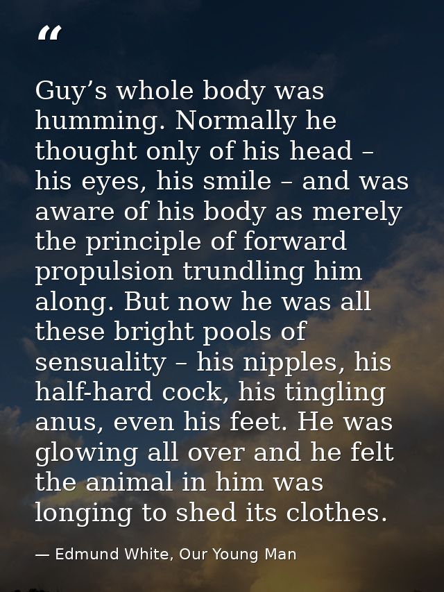Guy’s whole body was humming. Normally he thought only of his head – his eyes, his smile – and was aware of his body as  — Edmund White, Our Young Man