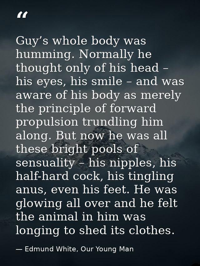 Guy’s whole body was humming. Normally he thought only of his head – his eyes, his smile – and was aware of his body as  — Edmund White, Our Young Man