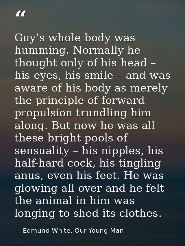 Guy’s whole body was humming. Normally he thought only of his head – his eyes, his smile – and was aware of his body as  — Edmund White, Our Young Man