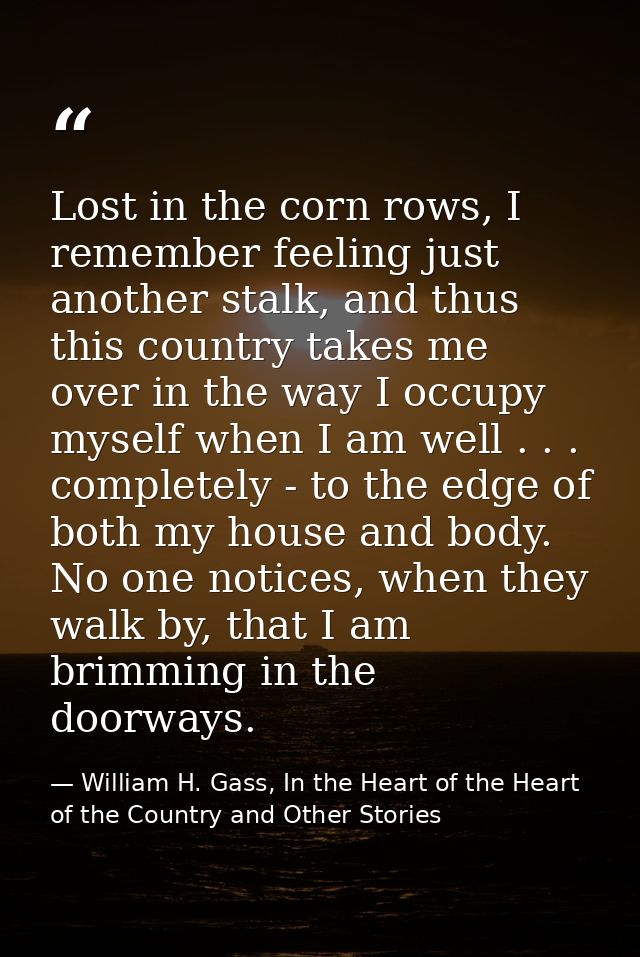 Lost in the corn rows, I remember feeling just another stalk, and thus this country takes me over in the way I occupy my — William H. Gass, In the Heart of the Heart of the Country and Other Stories