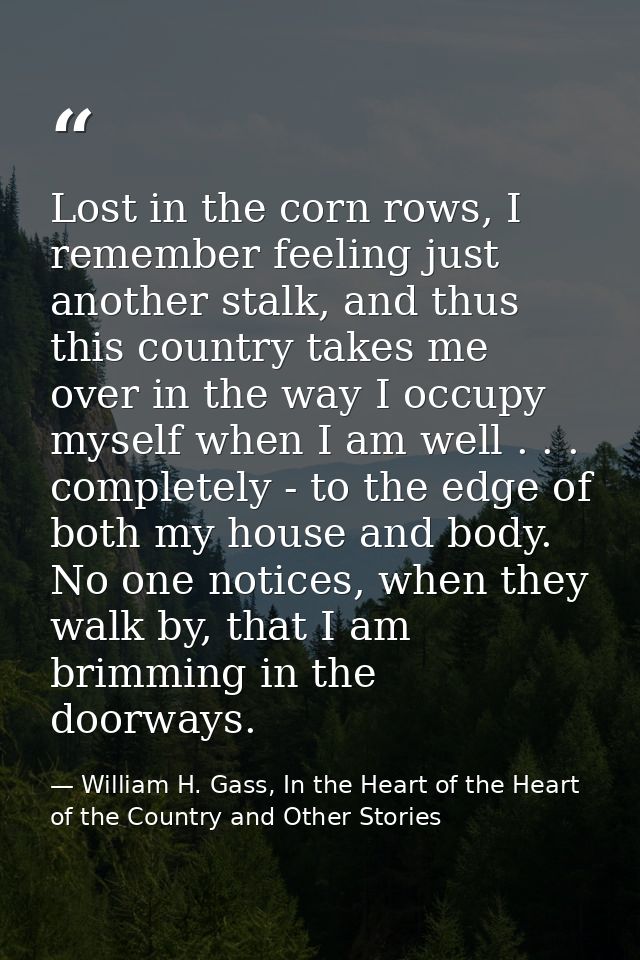 Lost in the corn rows, I remember feeling just another stalk, and thus this country takes me over in the way I occupy my — William H. Gass, In the Heart of the Heart of the Country and Other Stories