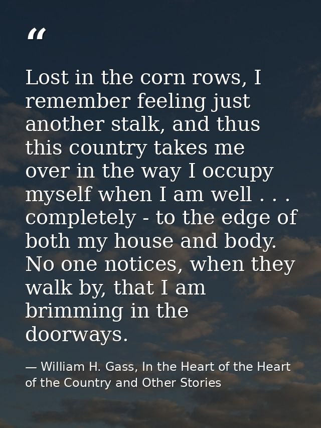 Lost in the corn rows, I remember feeling just another stalk, and thus this country takes me over in the way I occupy my — William H. Gass, In the Heart of the Heart of the Country and Other Stories
