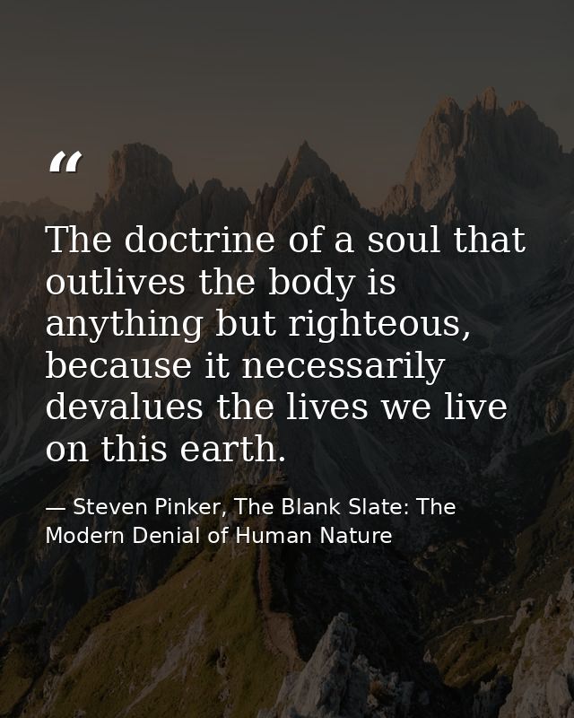 The doctrine of a soul that outlives the body is anything but righteous, because it necessarily devalues the lives we li — Steven Pinker, The Blank Slate: The Modern Denial of Human Nature