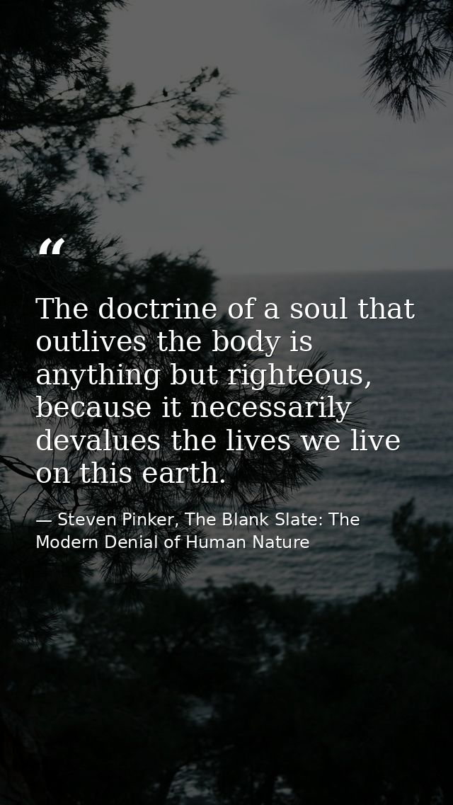 The doctrine of a soul that outlives the body is anything but righteous, because it necessarily devalues the lives we li — Steven Pinker, The Blank Slate: The Modern Denial of Human Nature