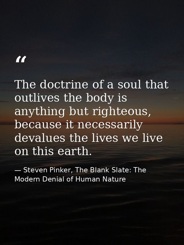 The doctrine of a soul that outlives the body is anything but righteous, because it necessarily devalues the lives we li — Steven Pinker, The Blank Slate: The Modern Denial of Human Nature
