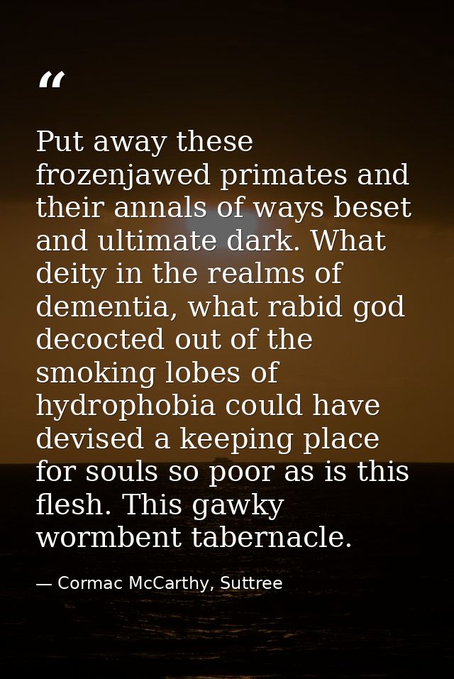 Put away these frozenjawed primates and their annals of ways beset and ultimate dark. What deity in the realms of dement — Cormac McCarthy, Suttree
