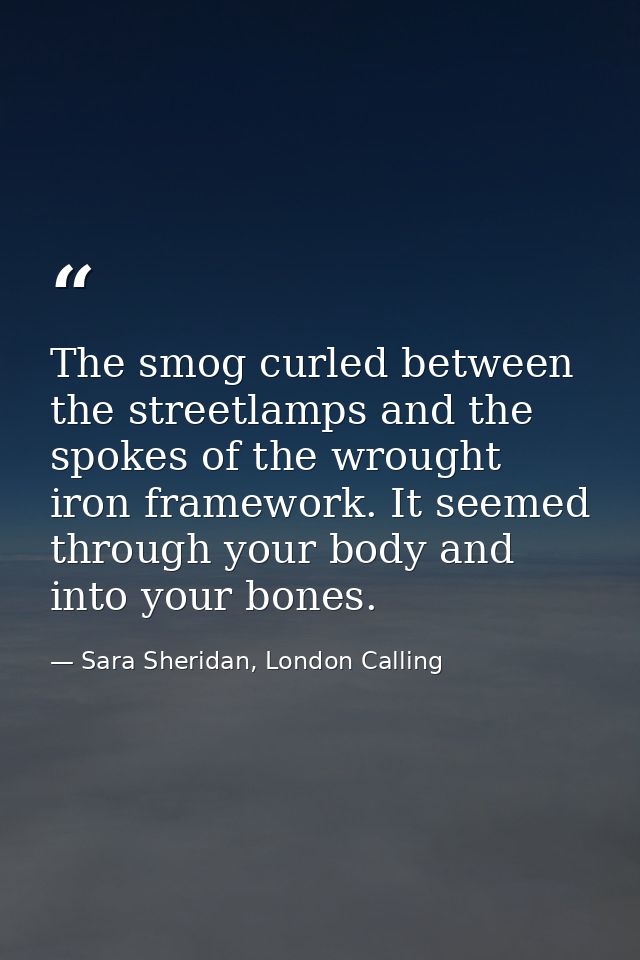 The smog curled between the streetlamps and the spokes of the wrought iron framework. It seemed through your body and in — Sara Sheridan, London Calling