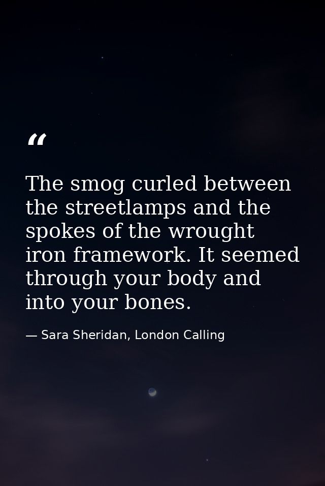 The smog curled between the streetlamps and the spokes of the wrought iron framework. It seemed through your body and in — Sara Sheridan, London Calling