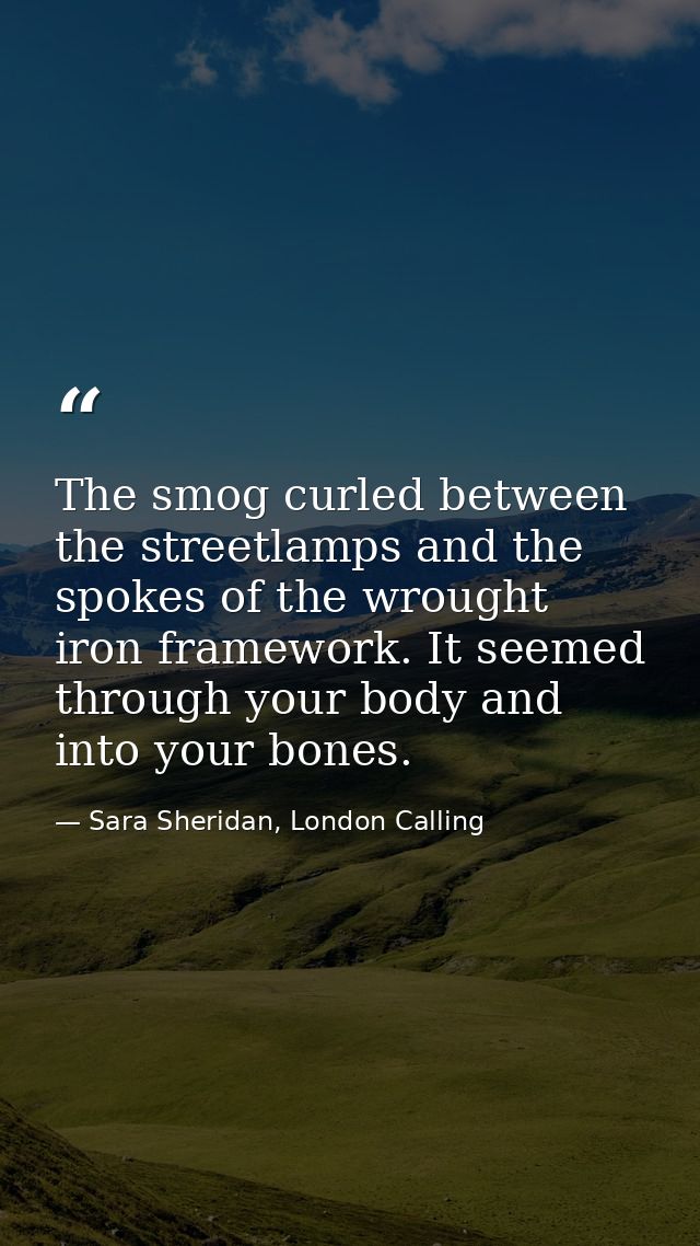 The smog curled between the streetlamps and the spokes of the wrought iron framework. It seemed through your body and in — Sara Sheridan, London Calling