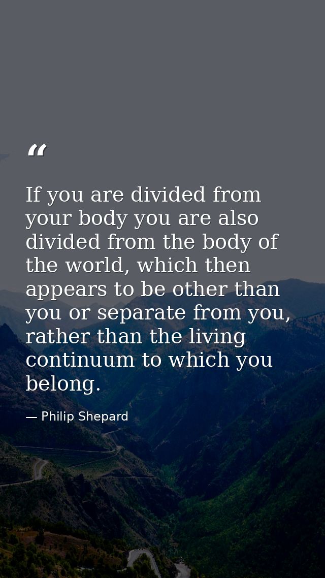 If you are divided from your body you are also divided from the body of the world, which then appears to be other than y — Philip Shepard
