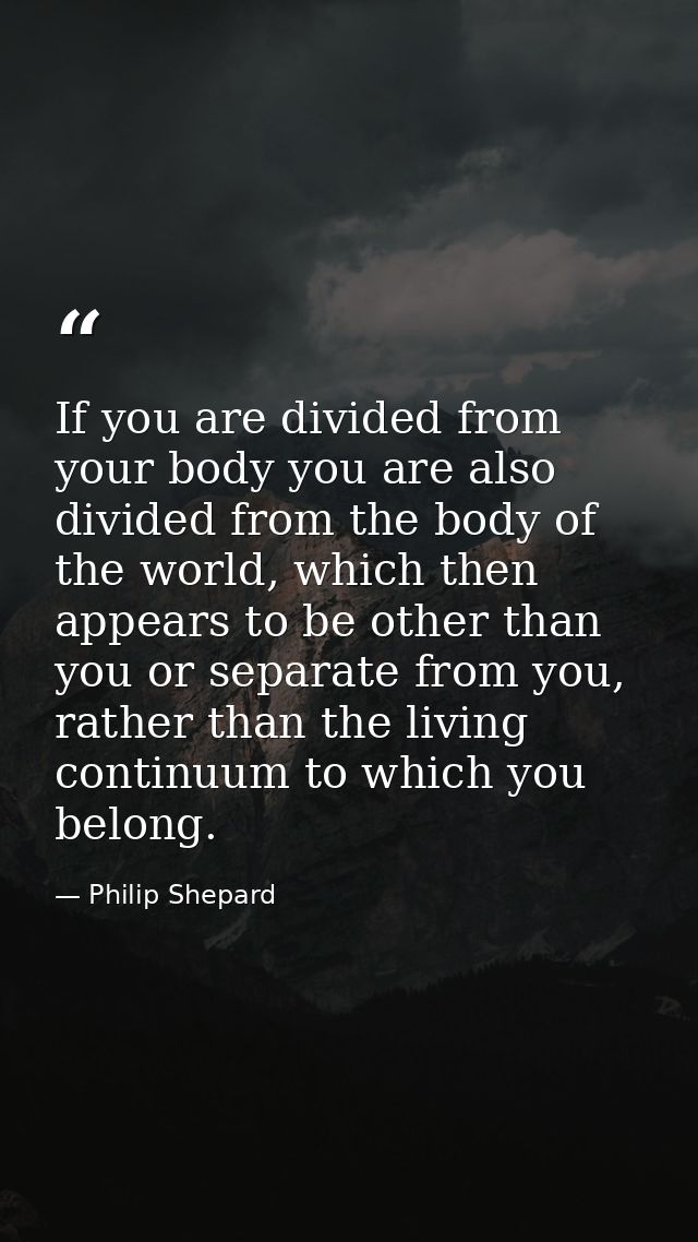 If you are divided from your body you are also divided from the body of the world, which then appears to be other than y — Philip Shepard