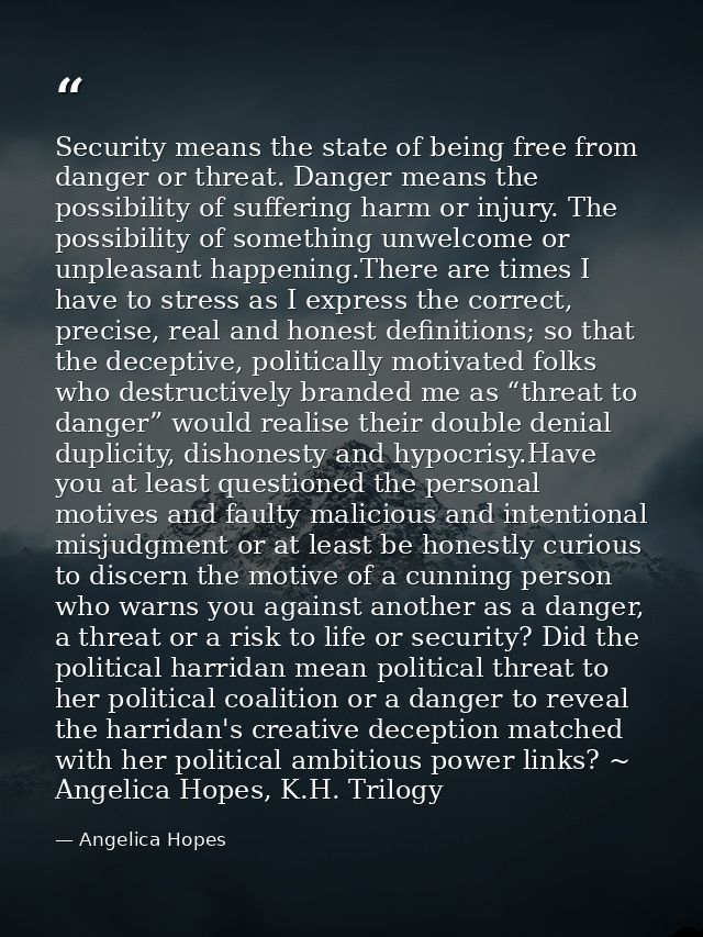 Security means the state of being free from danger or threat. Danger means the possibility of suffering harm or injury.  — Angelica Hopes
